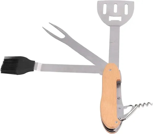 5-in-1 Foldable Stainless Steel BBQ Grill Multitool with Spatula, Fork and Bottle Opener for Camping and Backyard Grilling