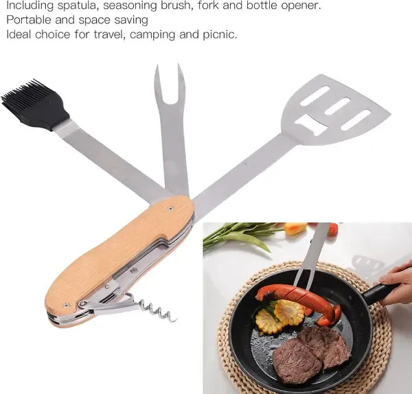 5-in-1 Foldable Stainless Steel BBQ Grill Multitool with Spatula, Fork and Bottle Opener for Camping and Backyard Grilling