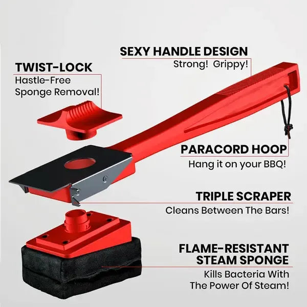 BBQ Grill Cleaning Sponge with Dual Handles Heat-Resistant for Warm Grill Grates - Red