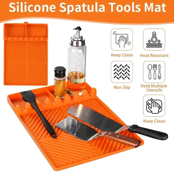 Silicone BBQ Grill Side Shelf Mat with Drip Tray and Utensil Rest 40 x 29 cm - Orange