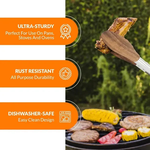Kitchen Tongs 30 cm with Walnut Wood Tips and Stainless Steel Handles for Cooking, BBQ and Salad Serving