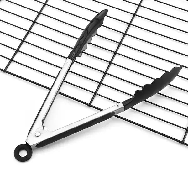 30 cm Stainless Steel Kitchen Tongs with Food-Grade Silicone Tips, Locking Handles and Heat Resistance - Black