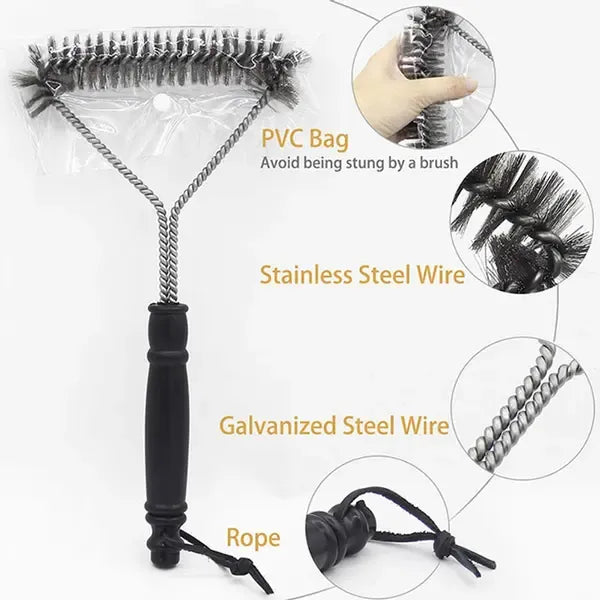 Triangular Stainless Steel BBQ Grill Brush with Three-Sided Bristles and Non-Slip 30 cm Handle for Gas, Charcoal and Outdoor Grills