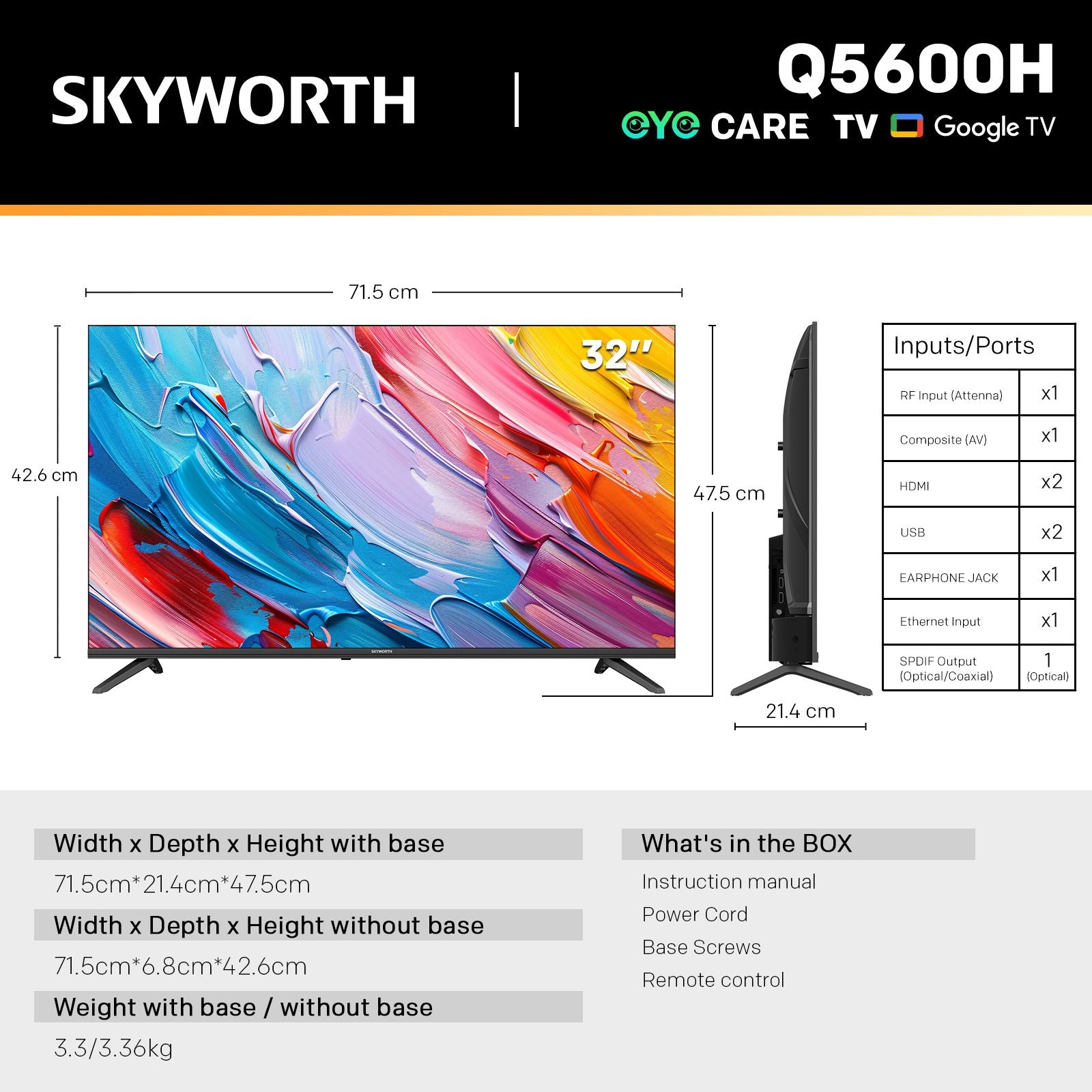 SKYWORTH Q5600H 32" QLED+ Full HD Smart Google TV