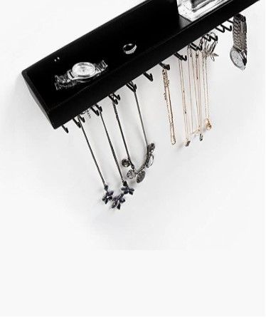 Wall Mount Jewellery Organiser with 23 Hooks and Top Shelf - Black