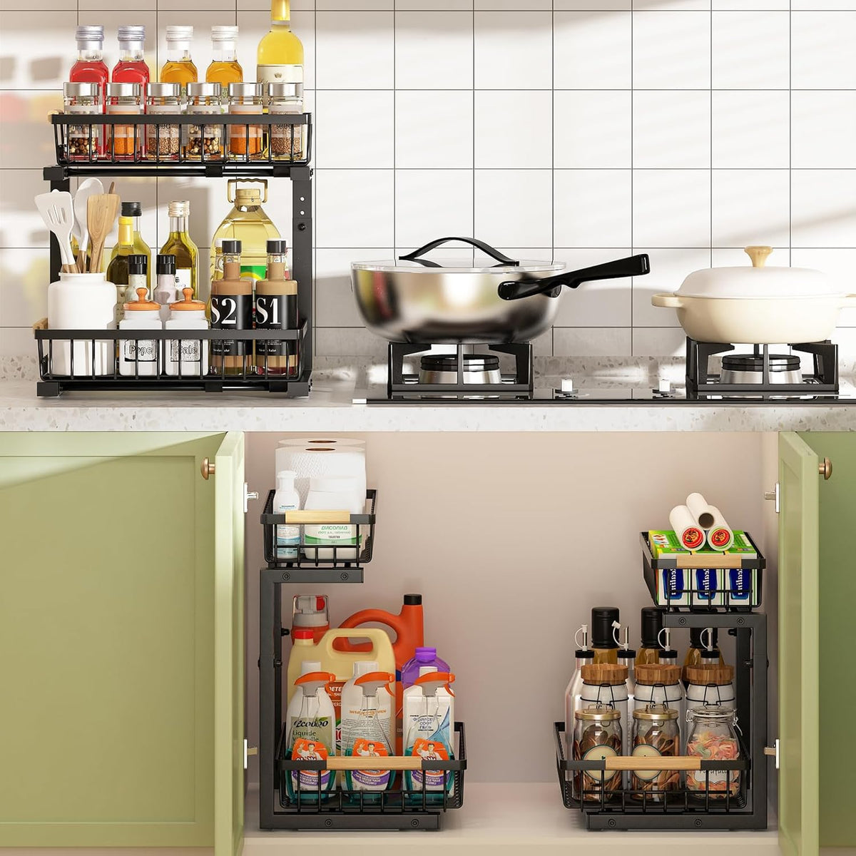2-Tier Kitchen Under Sink Organiser Storage with Adjustable Height, Slide Rail & Suction Cups - Black
