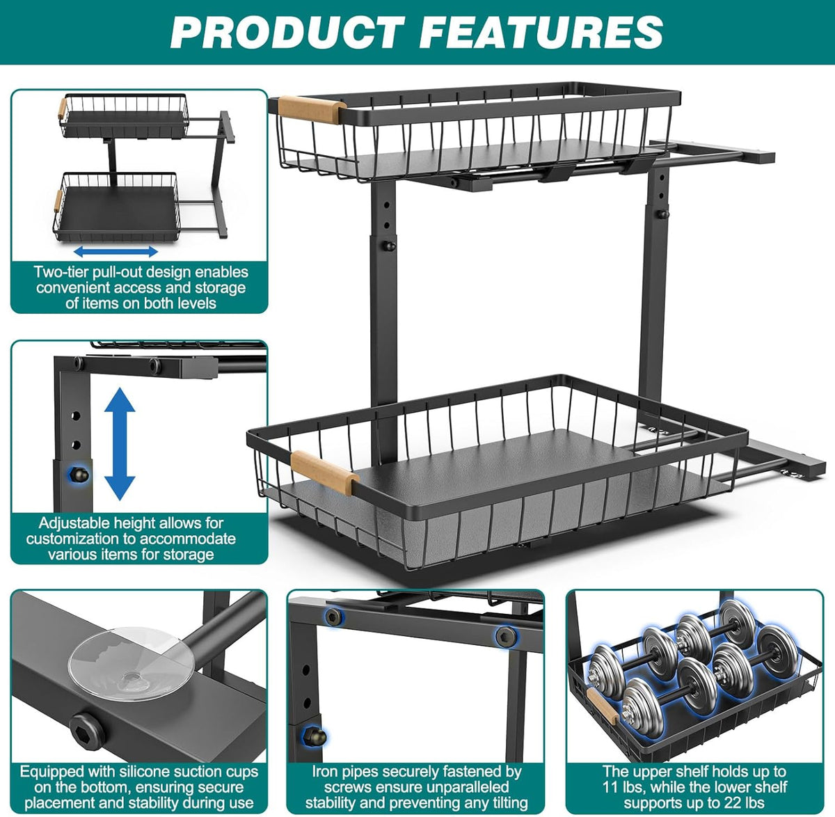 2-Tier Kitchen Under Sink Organiser Storage with Adjustable Height, Slide Rail & Suction Cups - Black