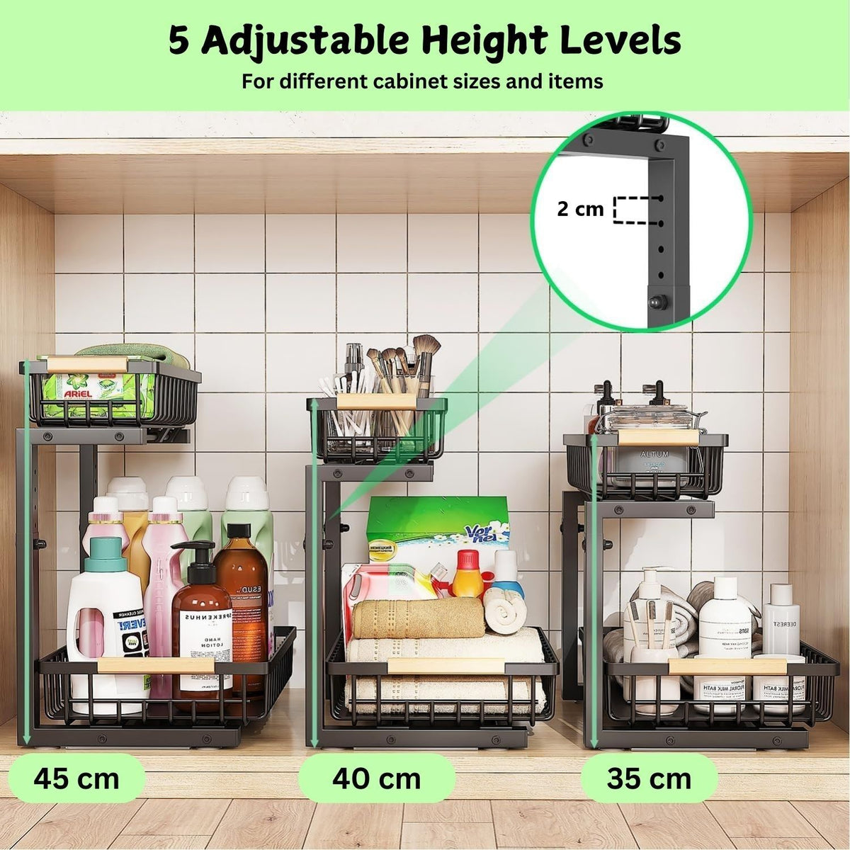 2-Tier Kitchen Under Sink Organiser Storage with Adjustable Height, Slide Rail & Suction Cups - Black