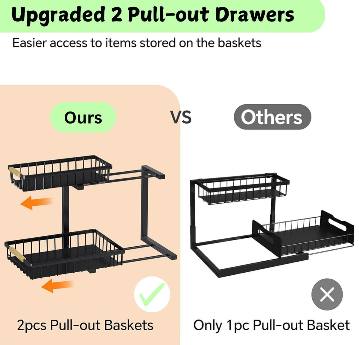 2-Tier Kitchen Under Sink Organiser Storage with Adjustable Height, Slide Rail & Suction Cups - Black
