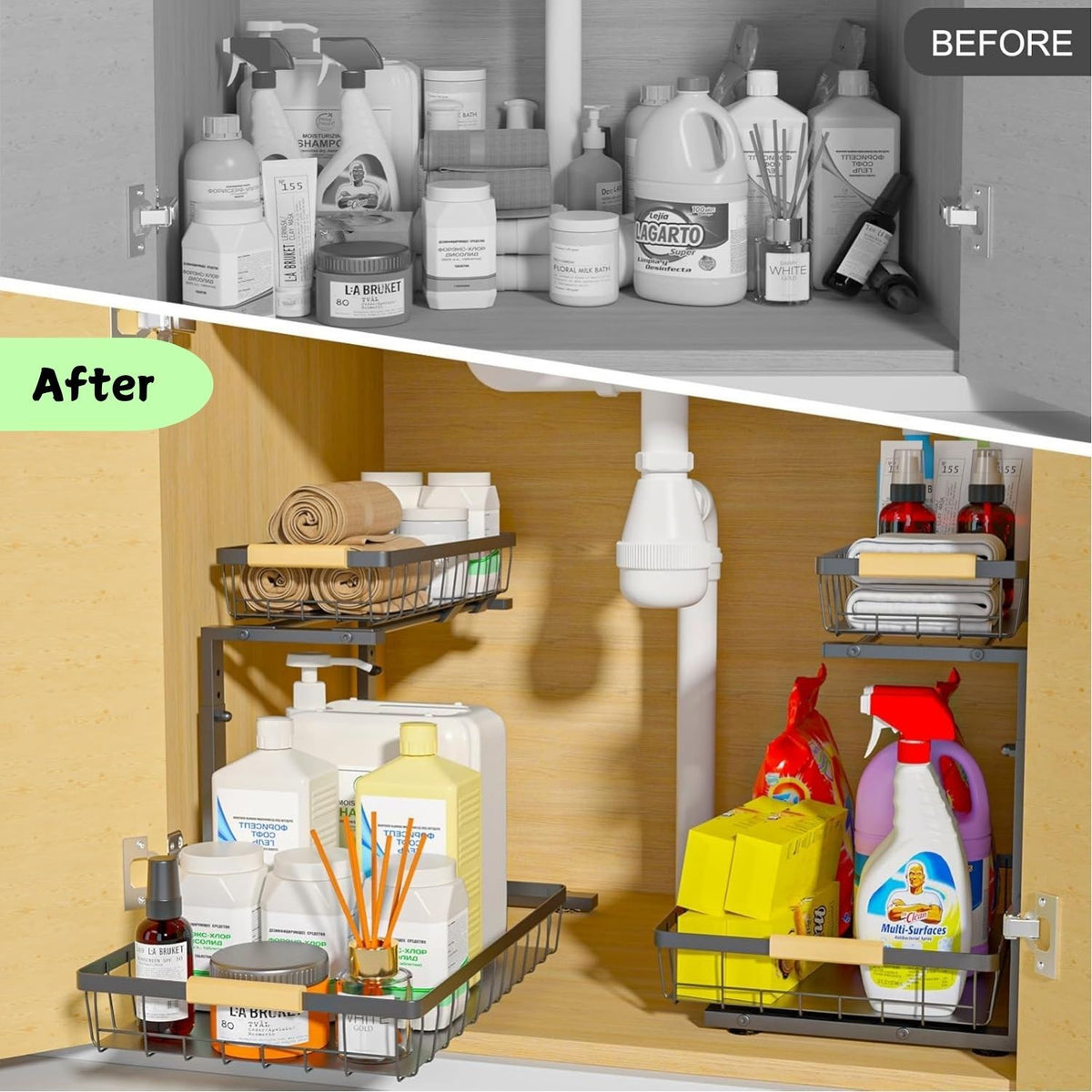2-Tier Kitchen Under Sink Organiser Storage with Adjustable Height, Slide Rail & Suction Cups - Black