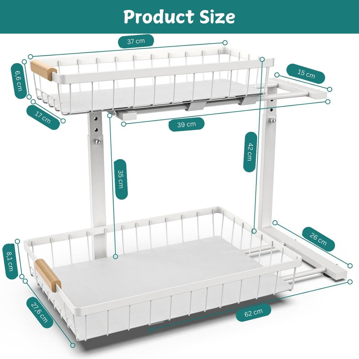 2-Tier Kitchen Under Sink Organiser Storage Set with Adjustable Height, Slide Rail & Suction Cups - Black