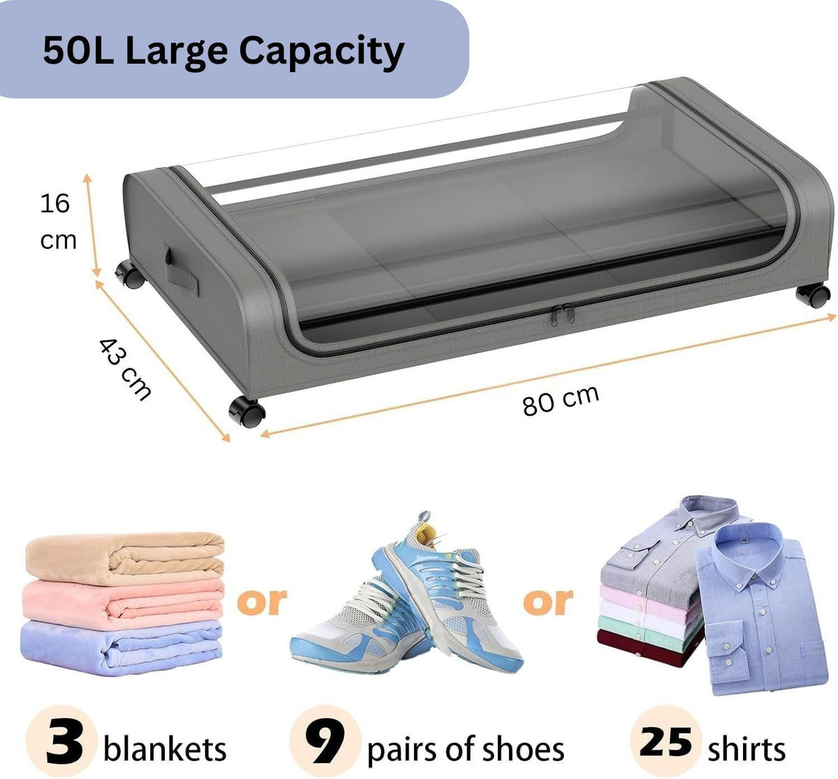 Set of 2 XXL Under Bed Rolling Storage Containers 50L with Wheels