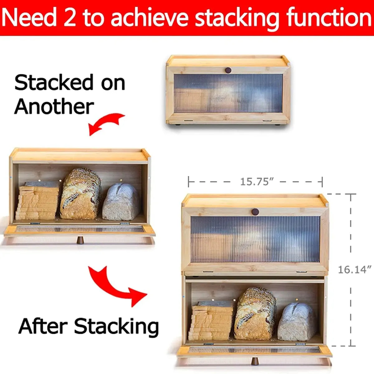 Bamboo Bread Box Kitchen Countertop Storage with Acrylic Window - Natural