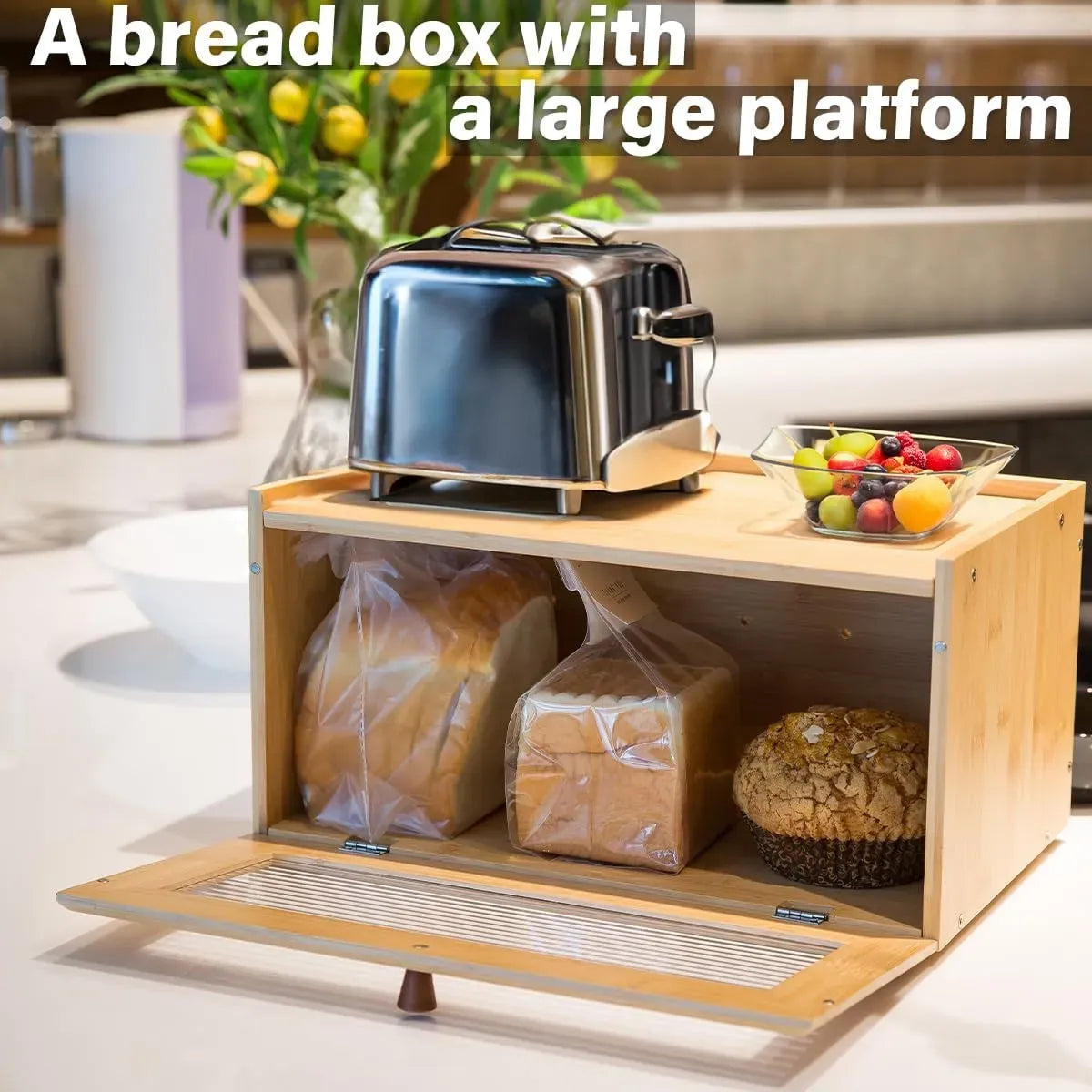 Bamboo Bread Box Kitchen Countertop Storage with Acrylic Window - Natural