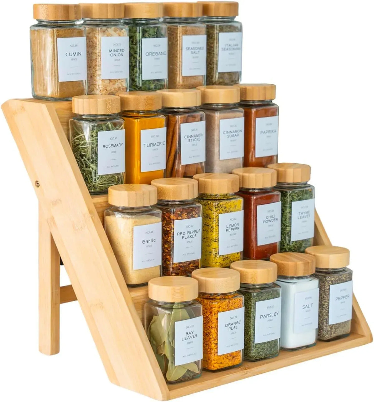 3 Tier Bamboo Spice Rack Countertop Jar Organiser - Natural