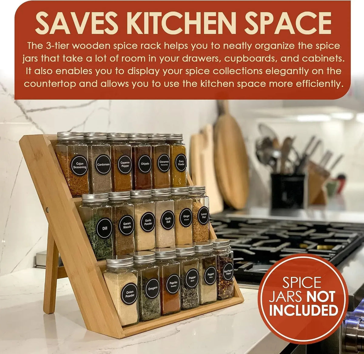 3 Tier Bamboo Spice Rack Countertop Jar Organiser - Natural
