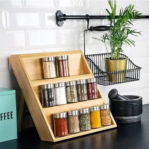 3 Tier Bamboo Spice Rack Countertop Jar Organiser - Natural