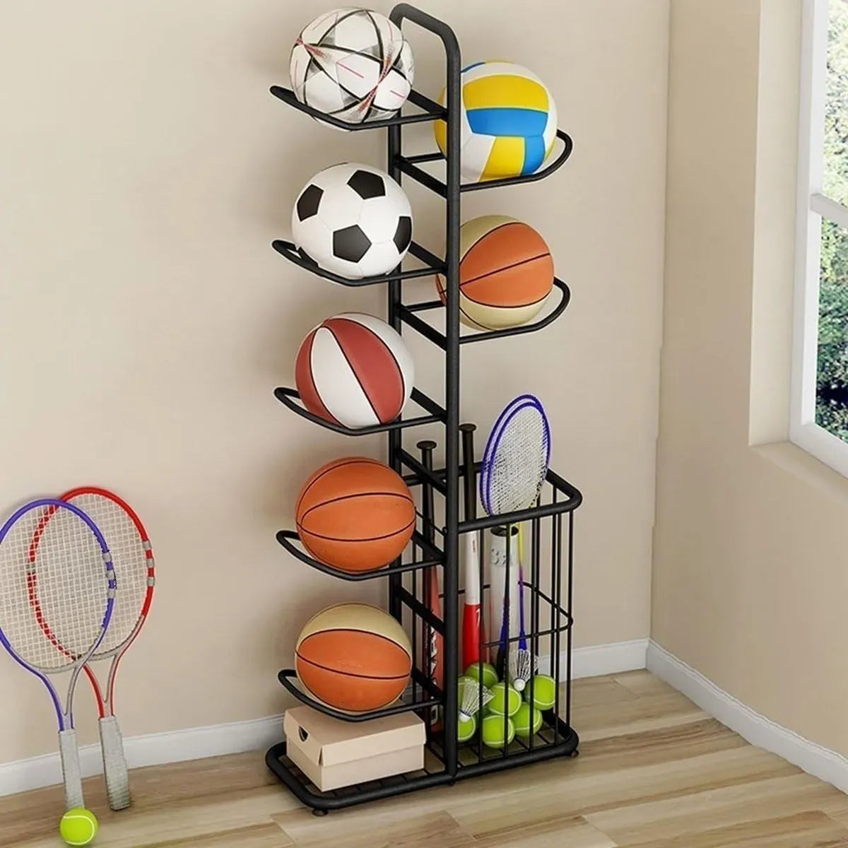 7 Tier Ball Storage Rack with Side Basket Sports Organiser - Black