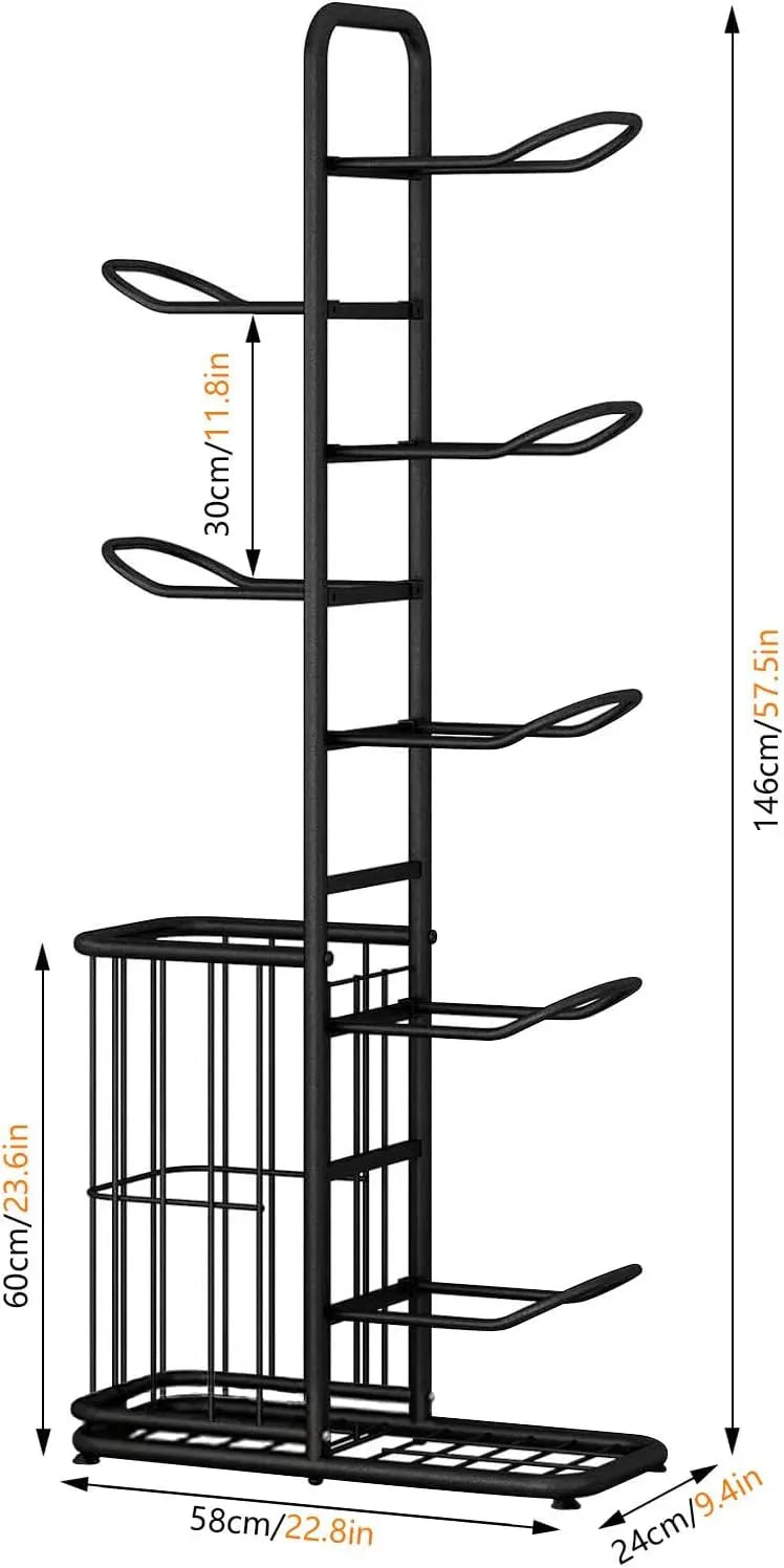 7 Tier Ball Storage Rack with Side Basket Sports Organiser - Black