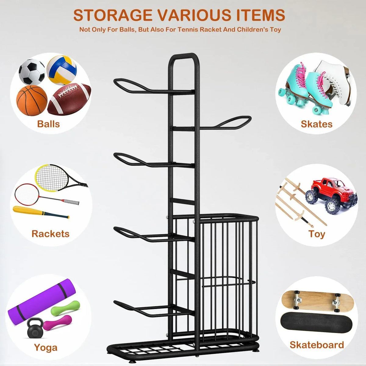 7 Tier Ball Storage Rack with Side Basket Sports Organiser - Black