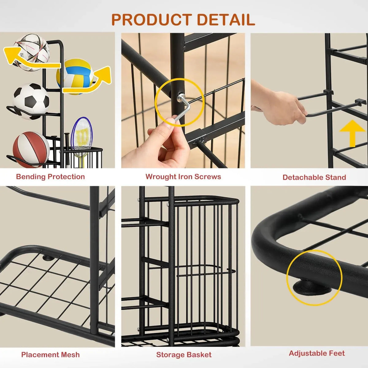 7 Tier Ball Storage Rack with Side Basket Sports Organiser - Black