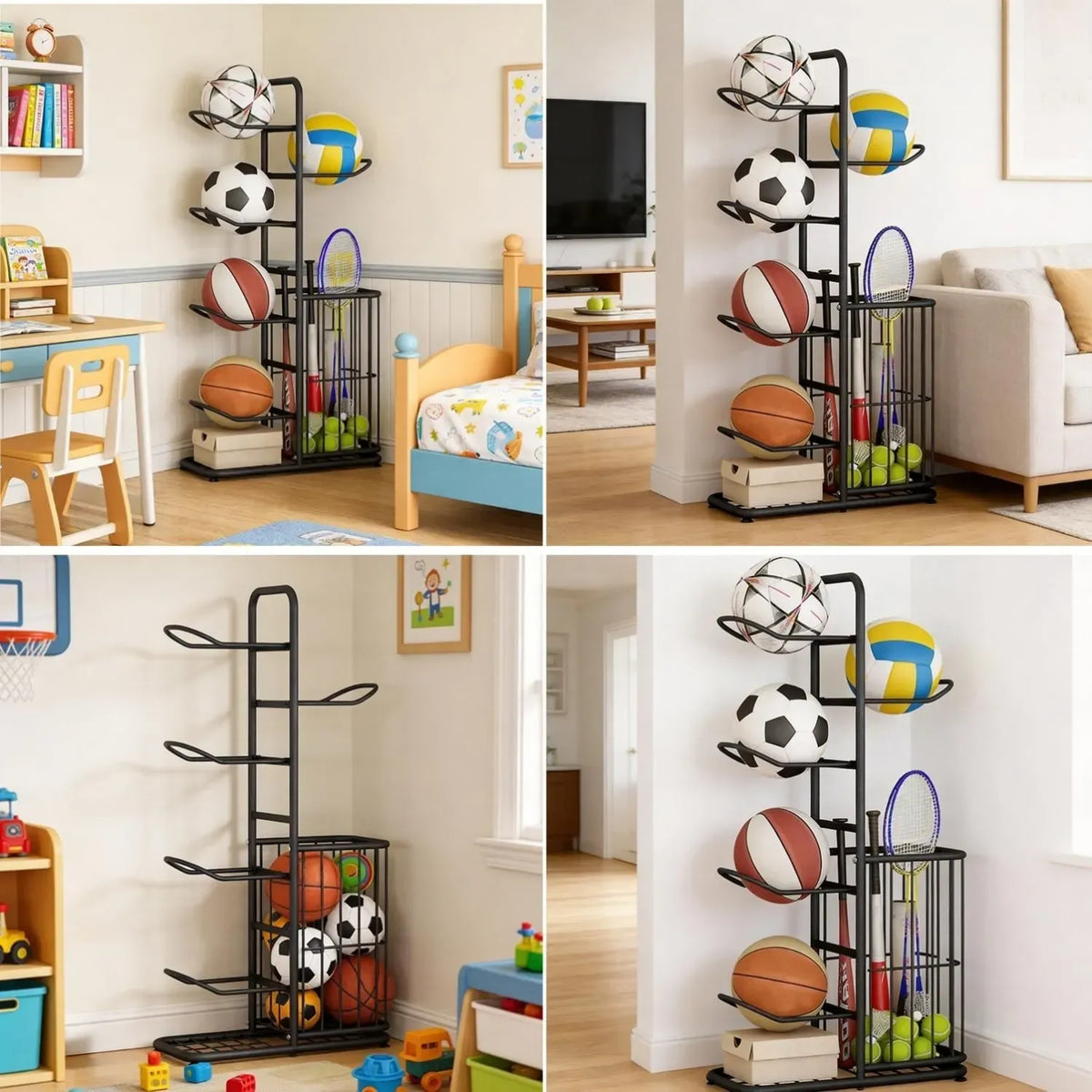 7 Tier Ball Storage Rack with Side Basket Sports Organiser - Black