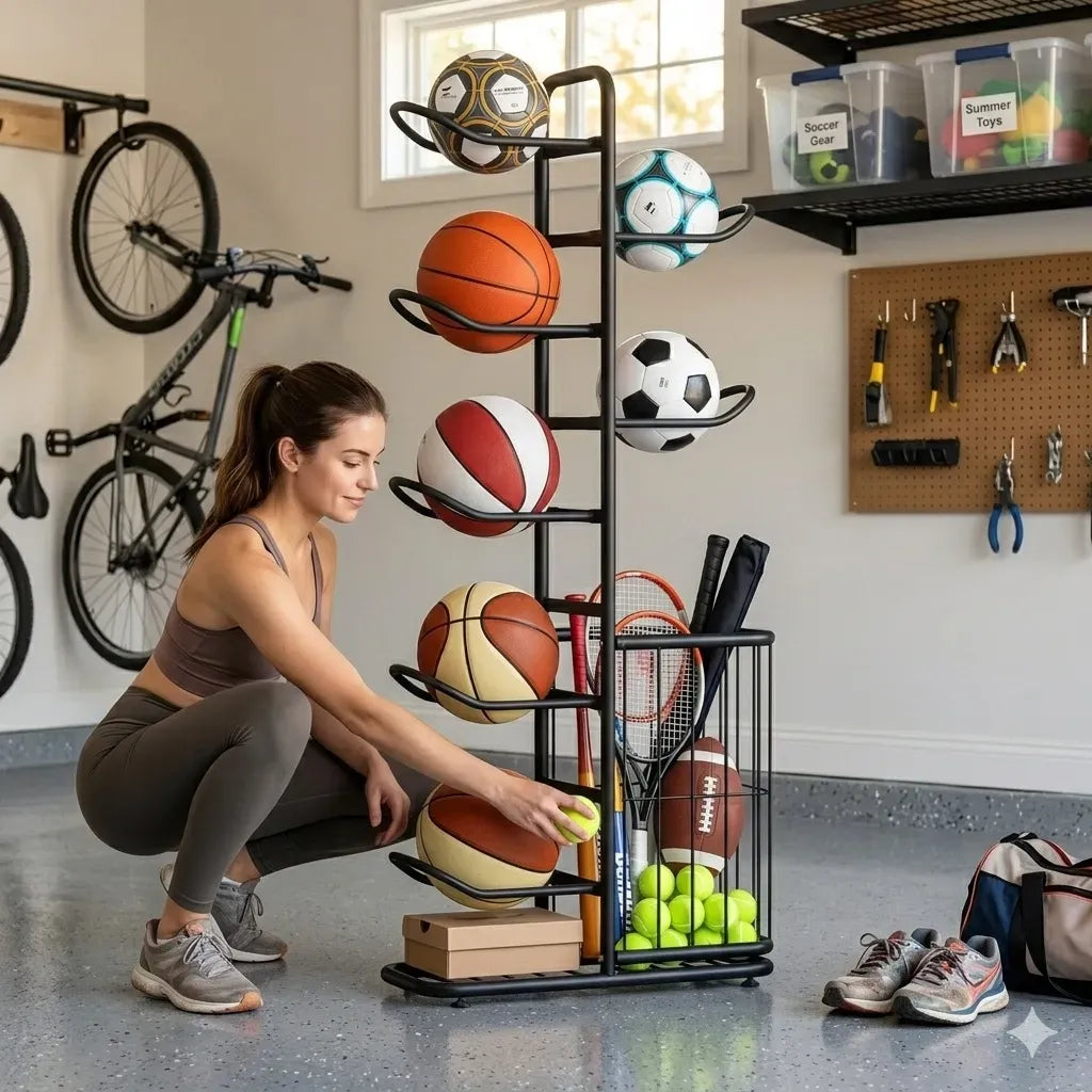 7 Tier Ball Storage Rack with Side Basket Sports Organiser - Black