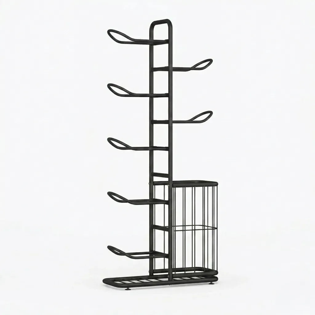 7 Tier Ball Storage Rack with Side Basket Sports Organiser - Black