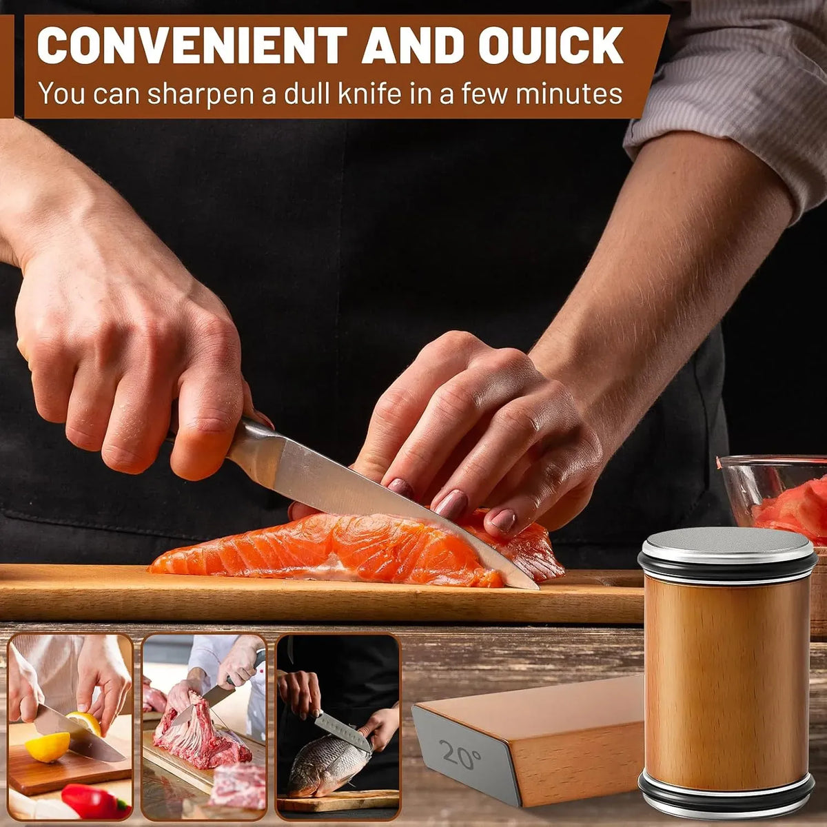 Rolling Knife Sharpener with 15° & 20° Angles for Kitchen Knives - Brown