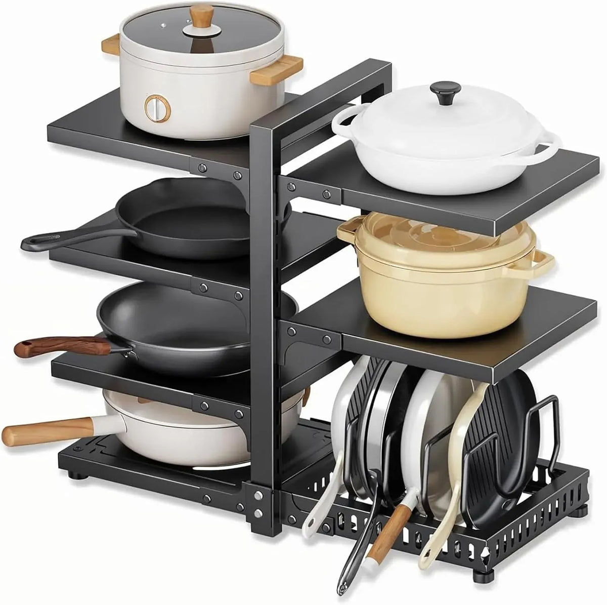 7 Tier Adjustable Heavy Duty Pan Organiser Rack for Kitchen - Black