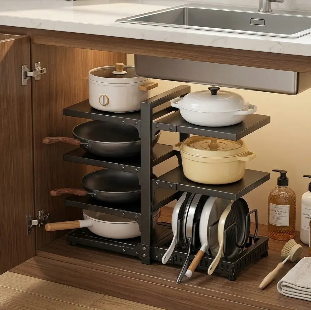7 Tier Adjustable Heavy Duty Pan Organiser Rack for Kitchen - Black