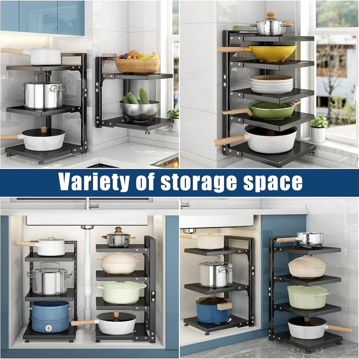 7 Tier Adjustable Heavy Duty Pan Organiser Rack for Kitchen - Black