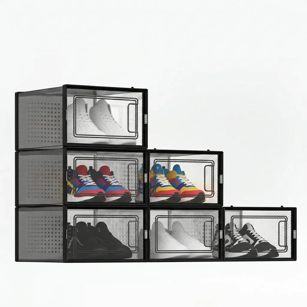 6-Pack Clear Stackable Shoe Storage Boxes 33x23x14cm - Black