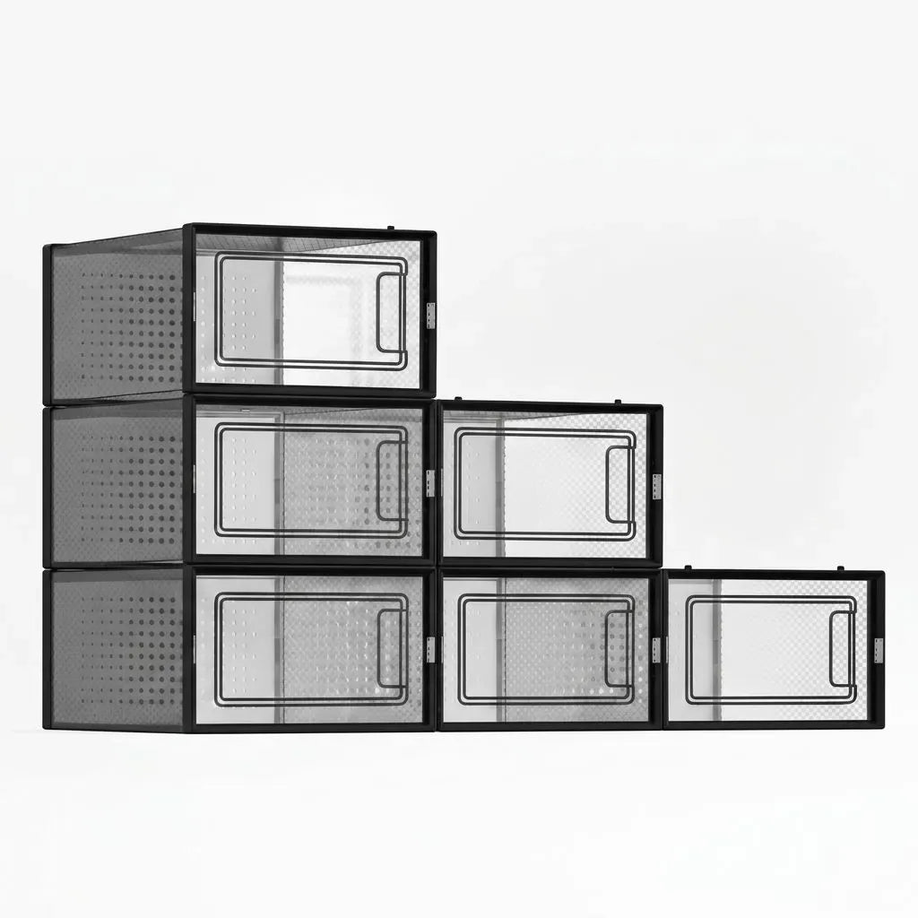 6-Pack Clear Stackable Shoe Storage Boxes 33x23x14cm - Black