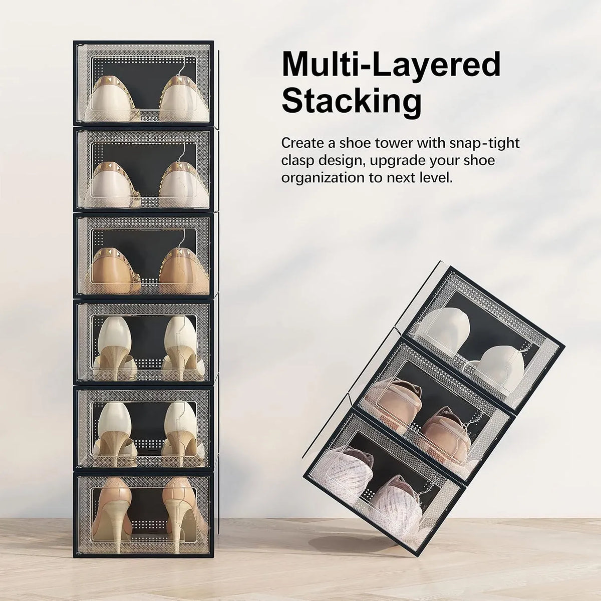 12-Pack Clear Stackable Shoe Storage Boxes 33x23x14cm - Black