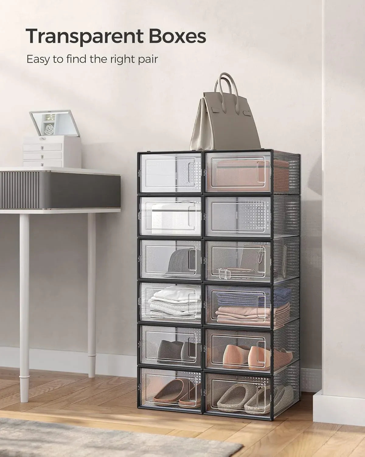 12-Pack Clear Stackable Shoe Storage Boxes 33x23x14cm - Black