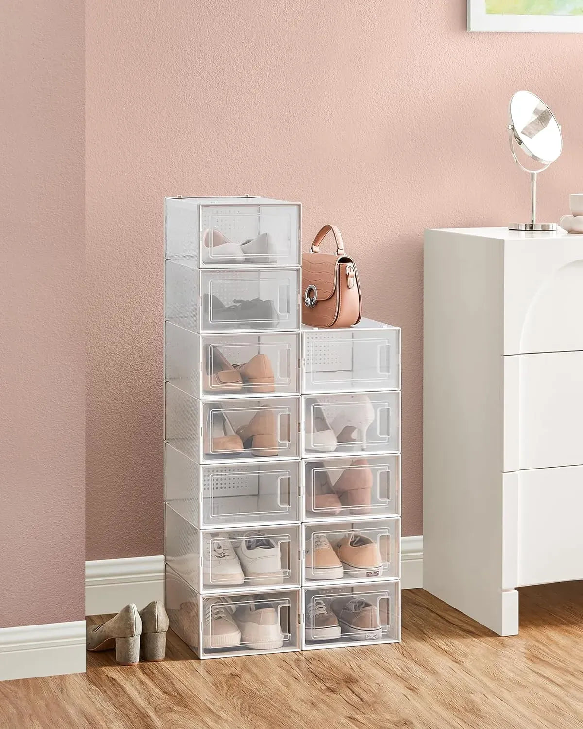 12-Pack Clear Stackable Shoe Storage Boxes 33x23x14cm - White