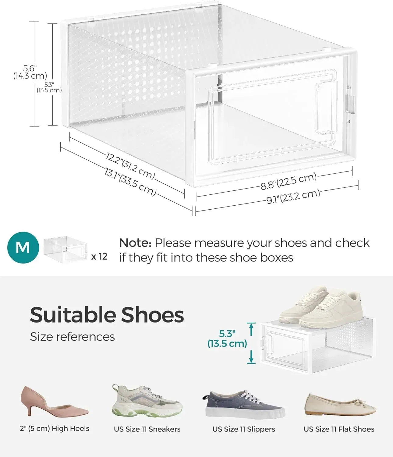 12-Pack Clear Stackable Shoe Storage Boxes 33x23x14cm - White