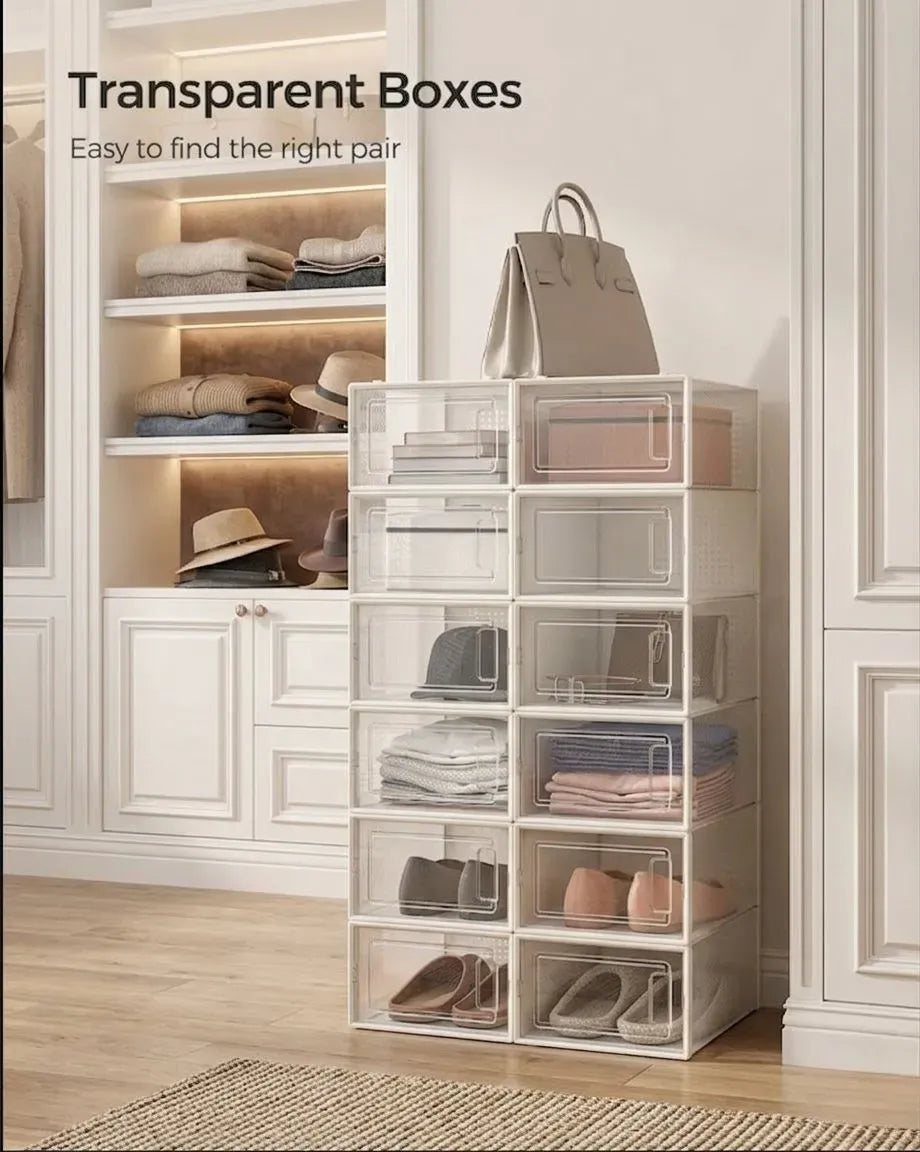 12-Pack Clear Stackable Shoe Storage Boxes 33x23x14cm - White