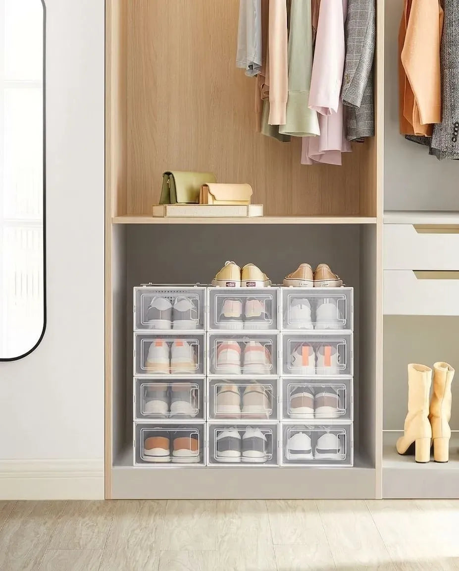 12-Pack Clear Stackable Shoe Storage Boxes 33x23x14cm - White