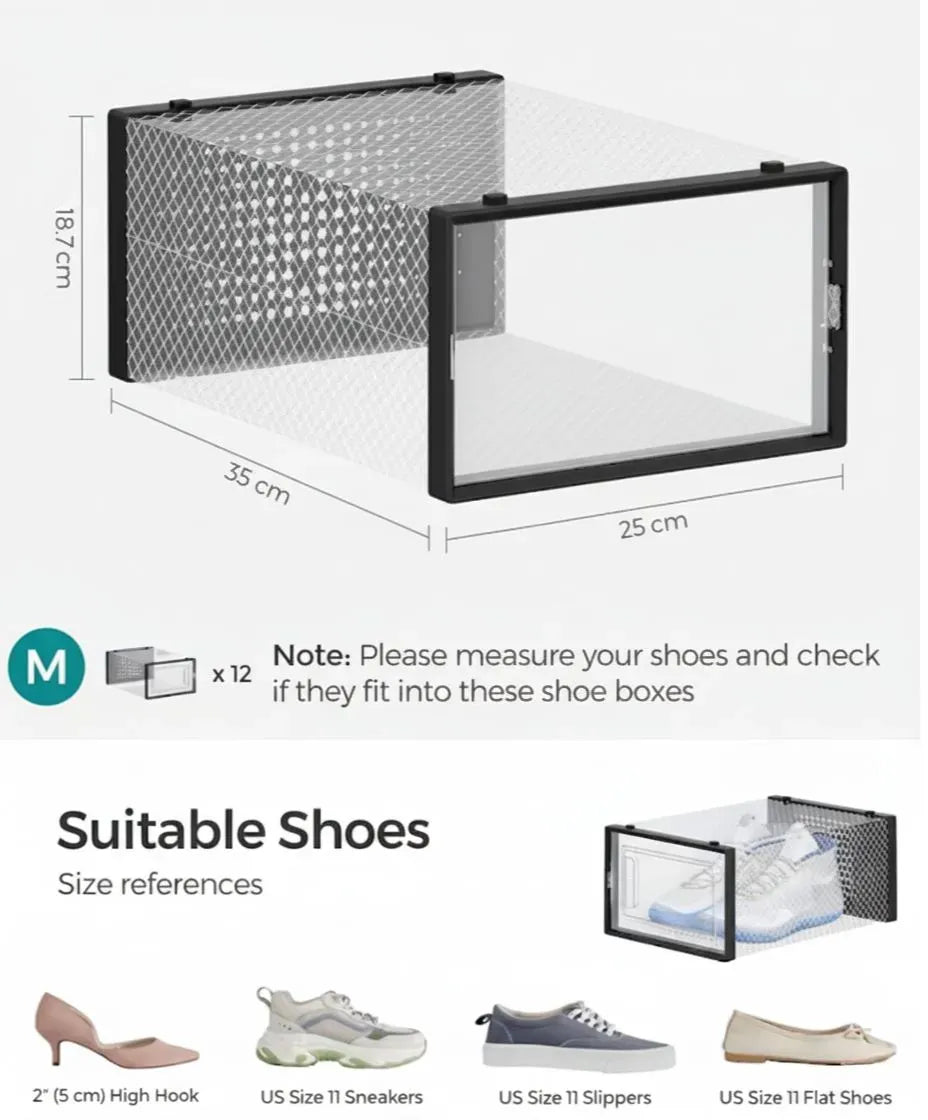 12-Pack Clear Stackable Shoe Storage Boxes 35x25x19cm - Black