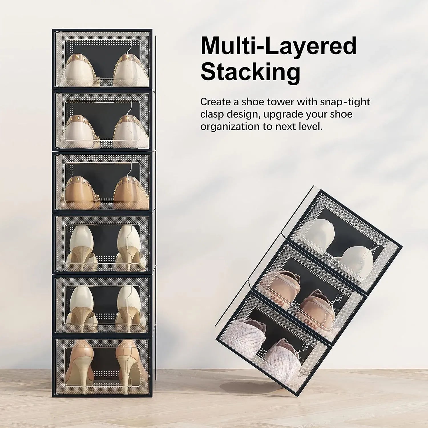 12-Pack Clear Stackable Shoe Storage Boxes 35x25x19cm - Black