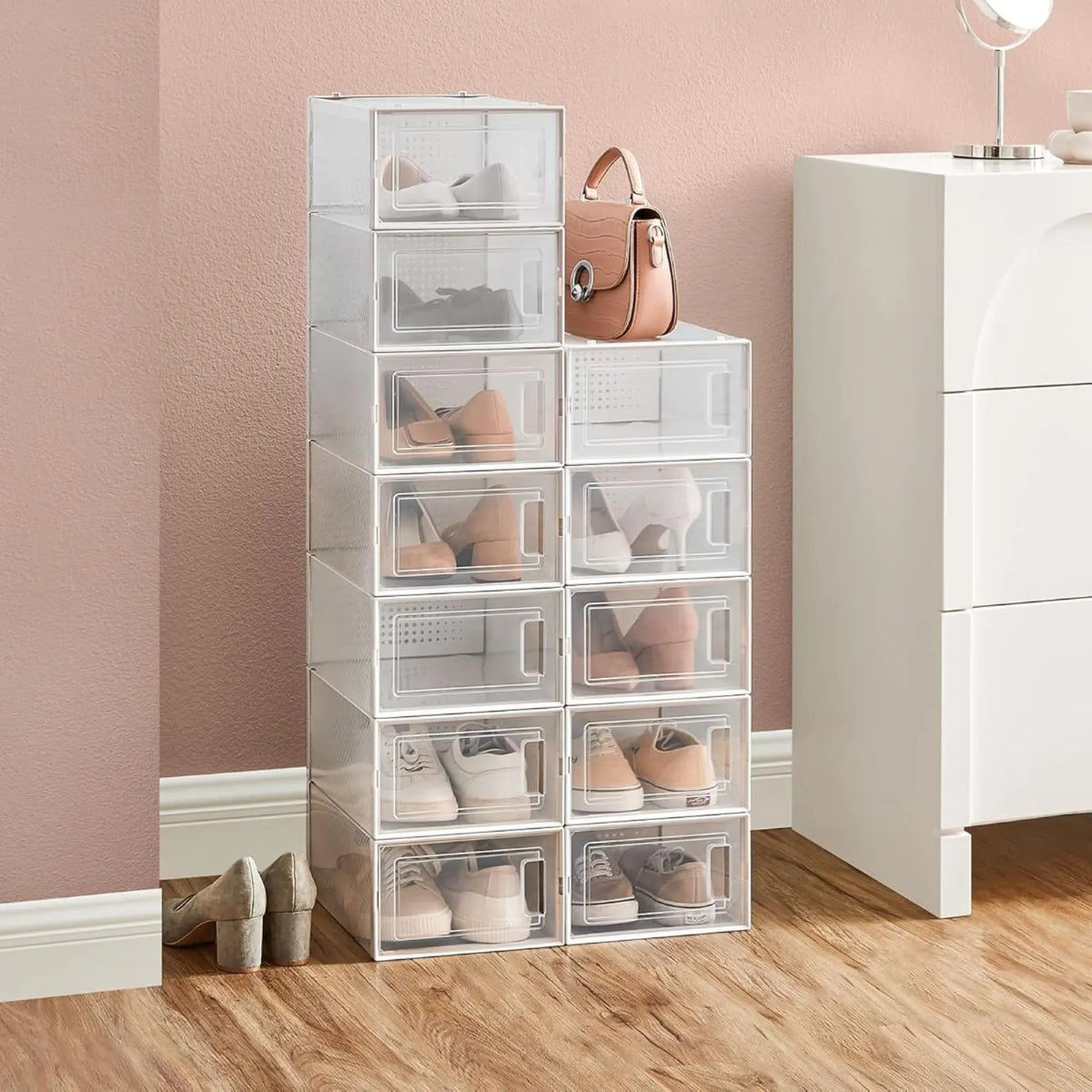 12-Pack Clear Stackable Shoe Storage Boxes 35x25x19cm - White