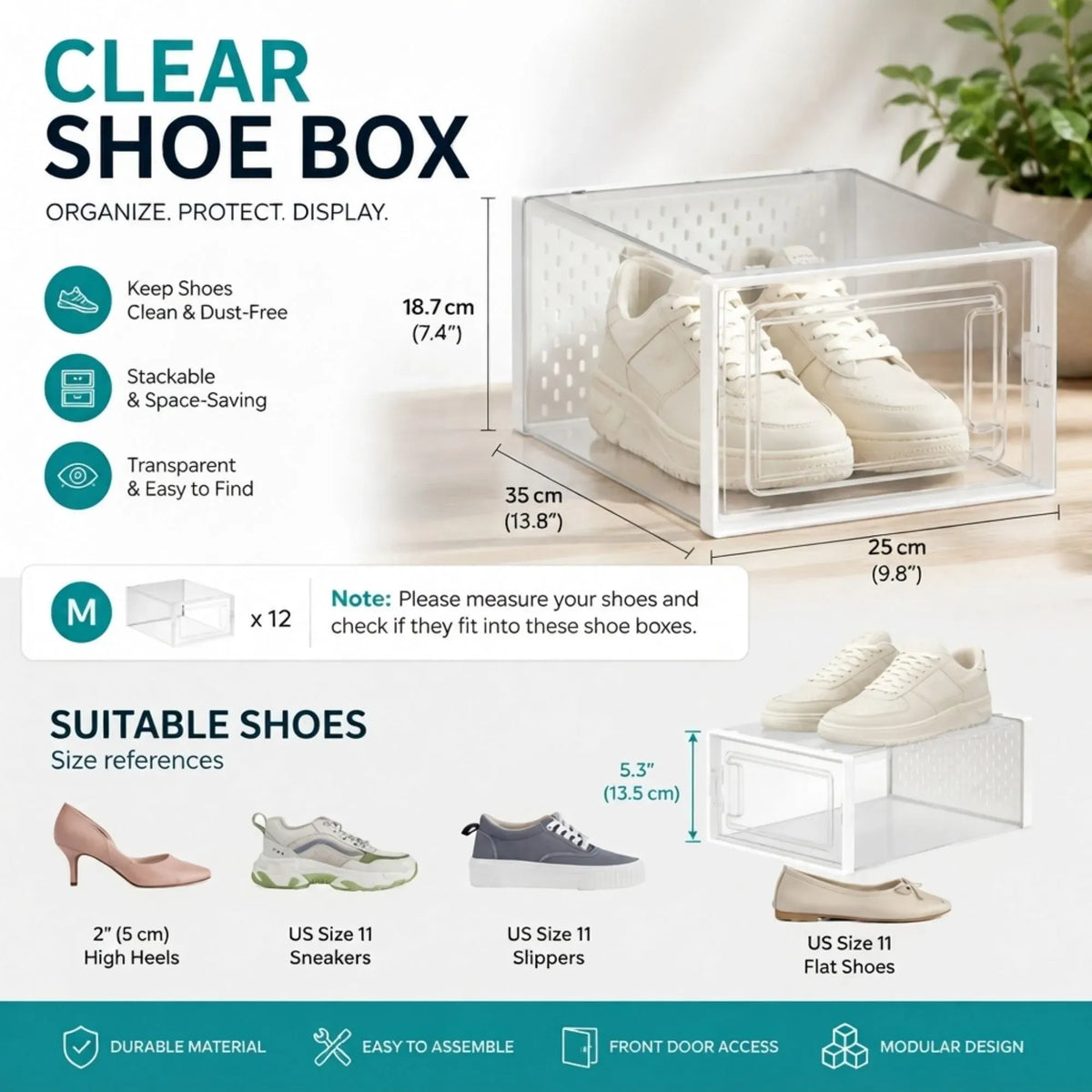 12-Pack Clear Stackable Shoe Storage Boxes 35x25x19cm - White