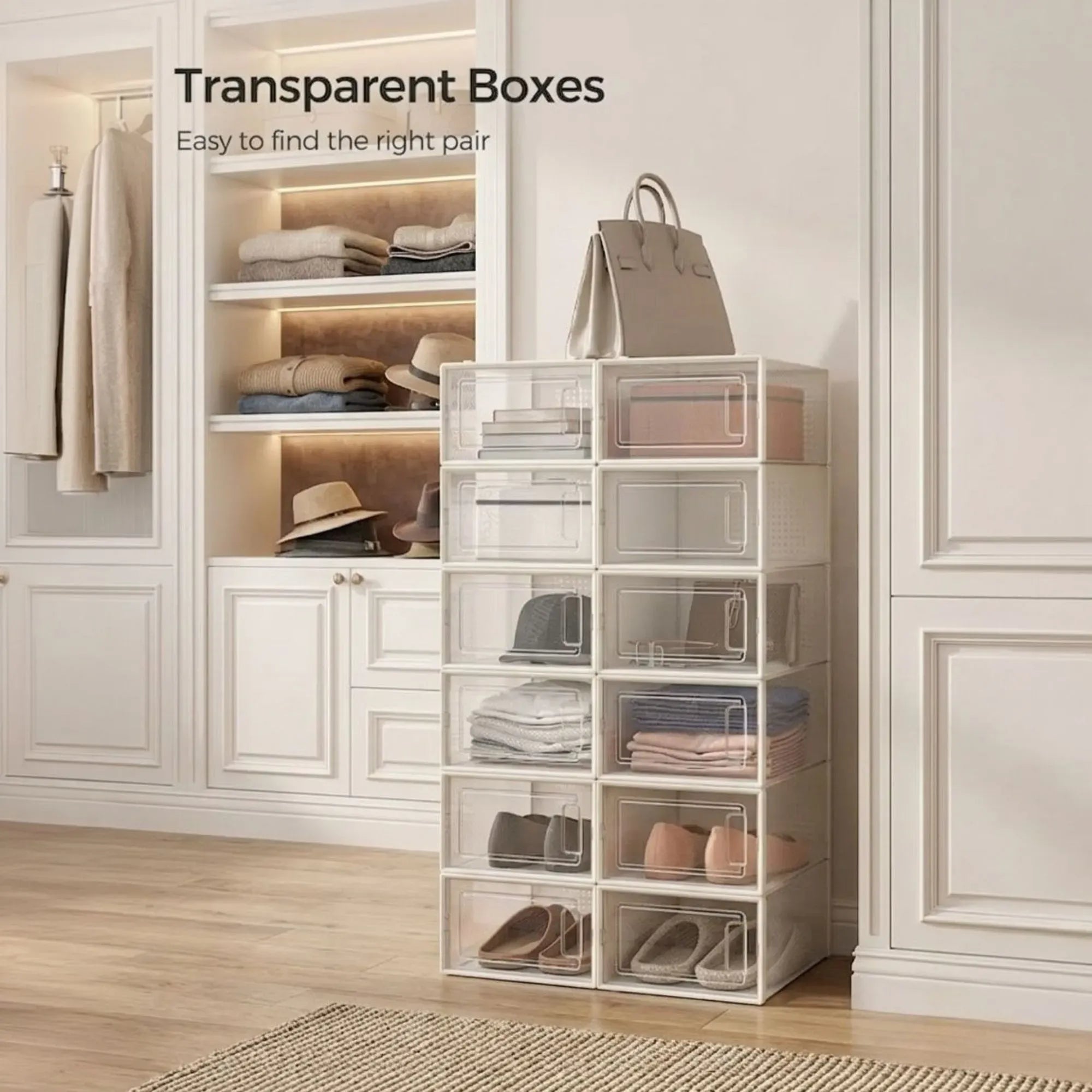 12-Pack Clear Stackable Shoe Storage Boxes 35x25x19cm - White