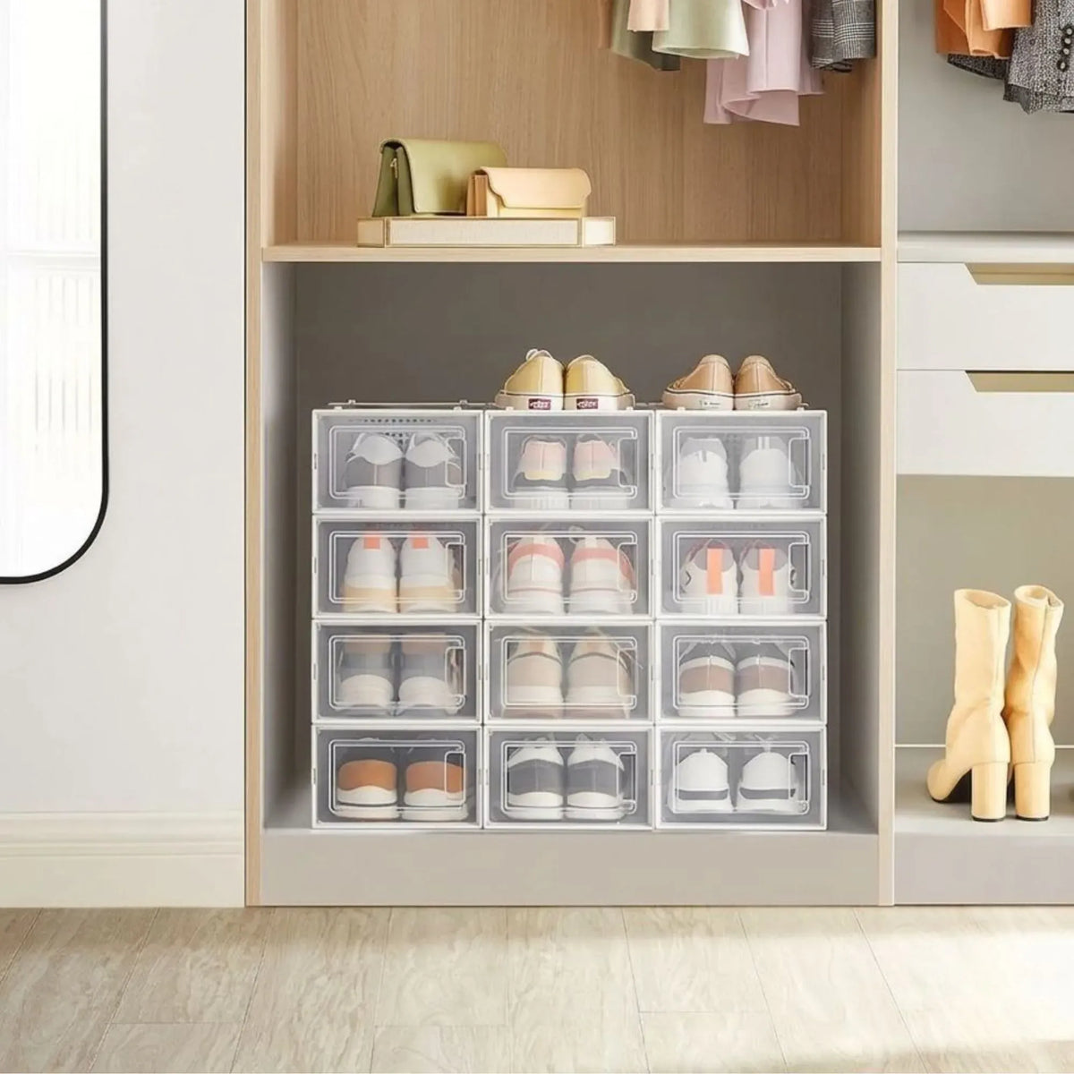 12-Pack Clear Stackable Shoe Storage Boxes 35x25x19cm - White