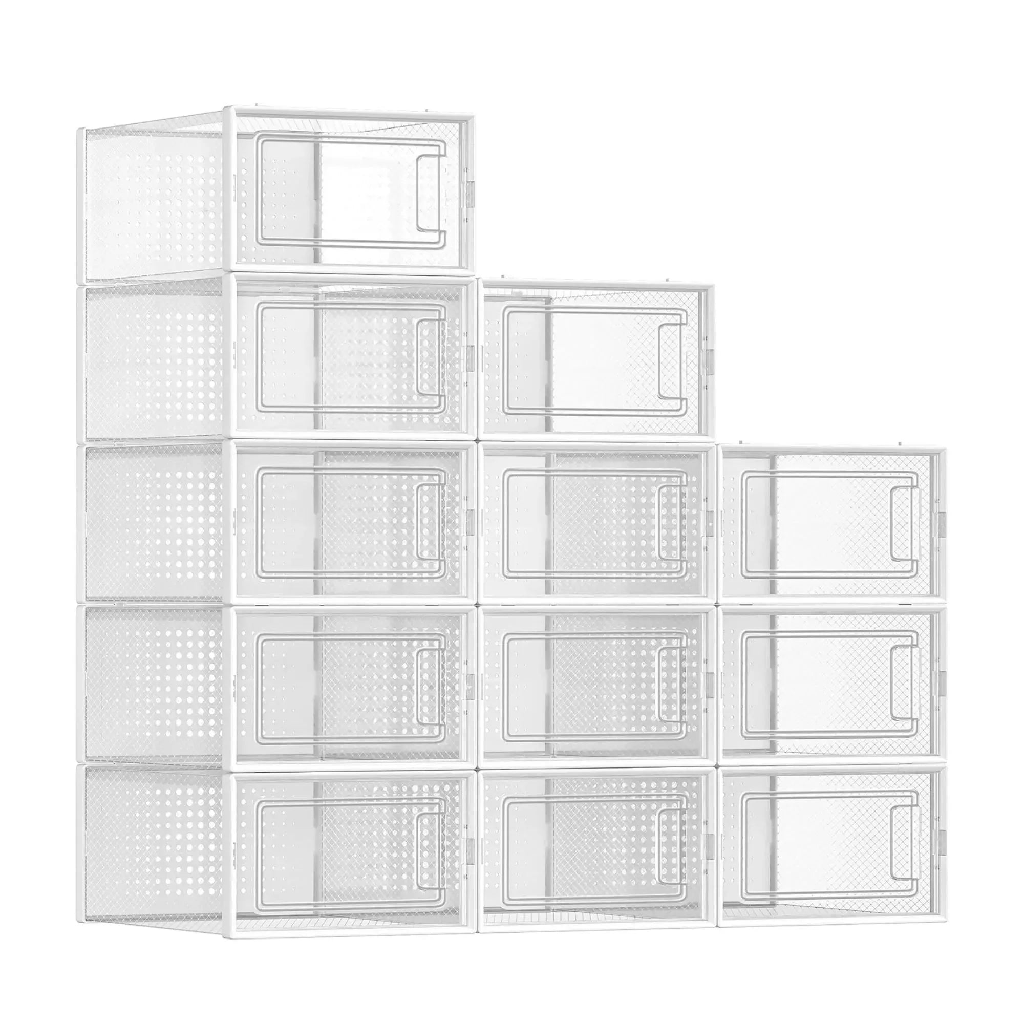 12-Pack Clear Stackable Shoe Storage Boxes 35x25x19cm - White
