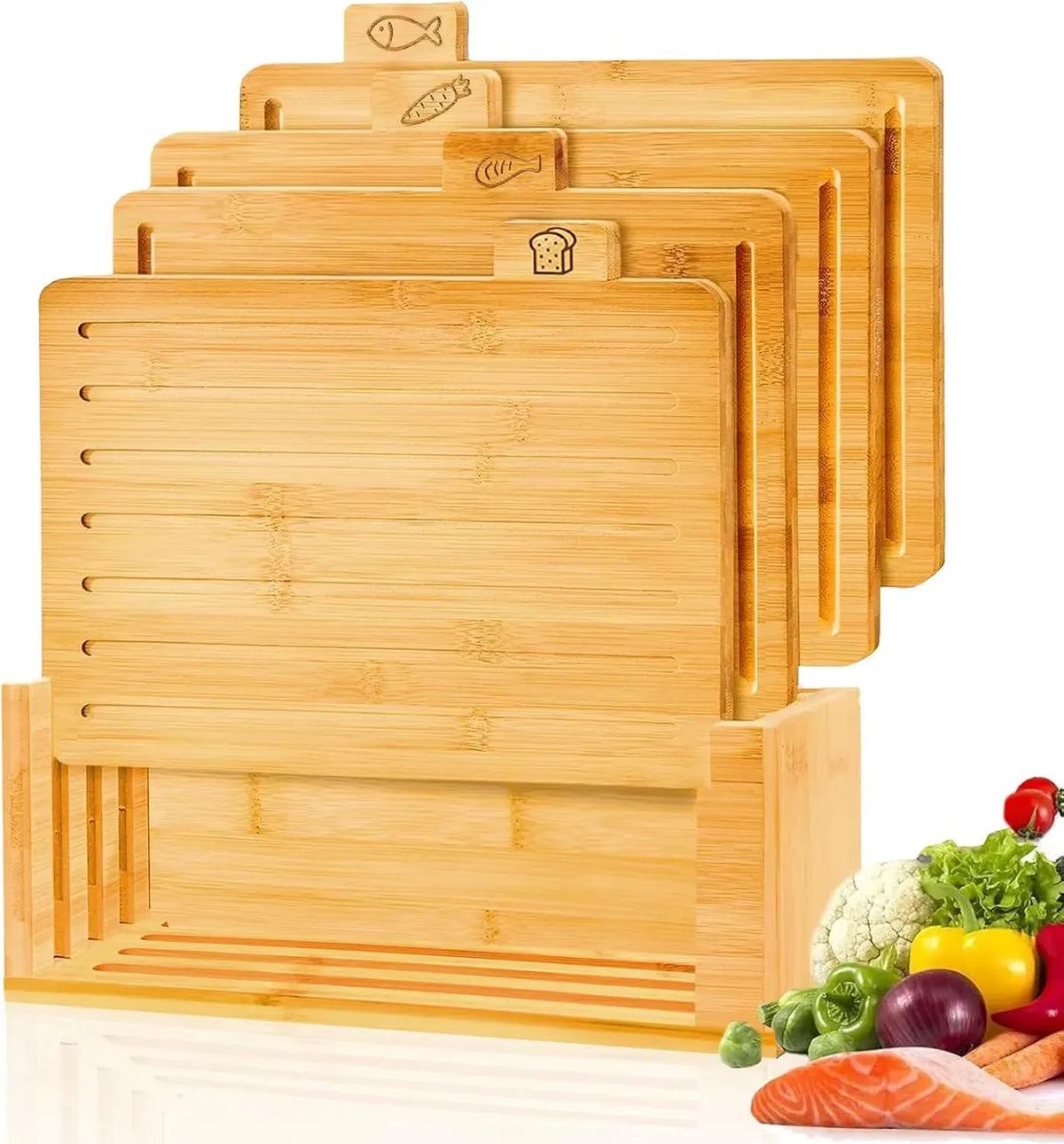 Bamboo Cutting Board Set with Stand, 4 Pieces - Natural