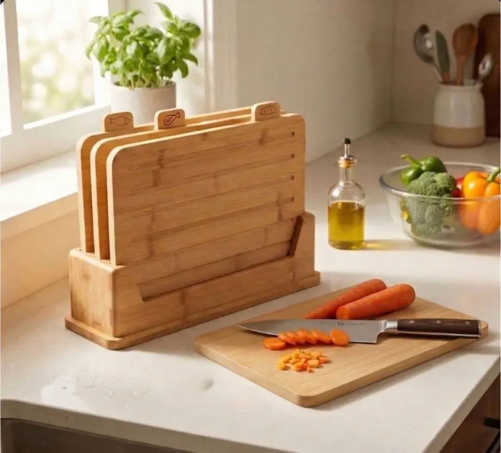 Bamboo Cutting Board Set with Stand, 4 Pieces - Natural