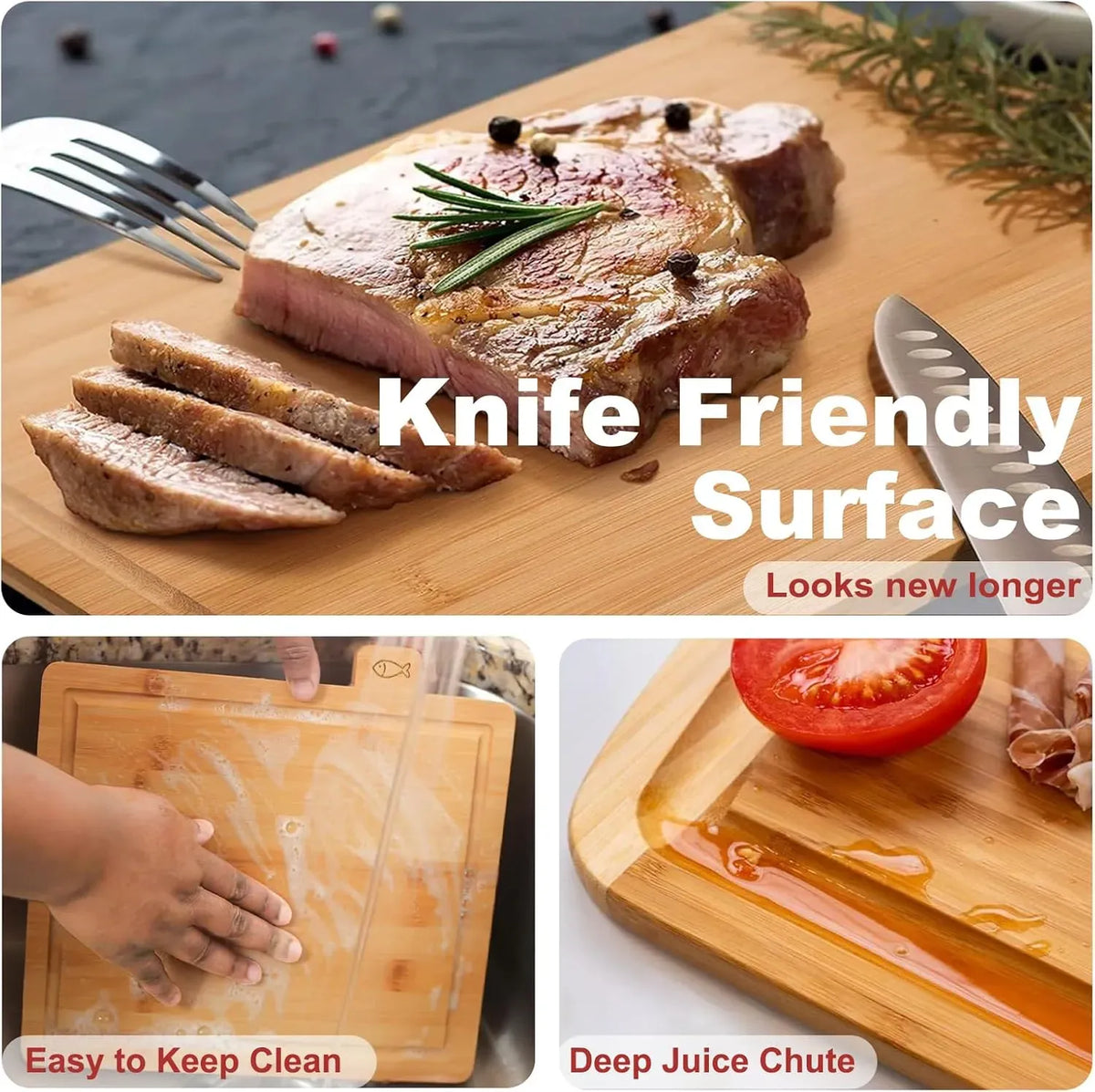 Bamboo Cutting Board Set with Stand, 4 Pieces - Natural